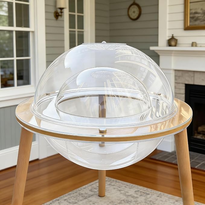 Cat House with Fish Tank, Clear Acrylic Globe Bed on Wooden Legs, Two-in-One Indoor Cat Enrichment Furniture, 23.6 x 20.5 Inch