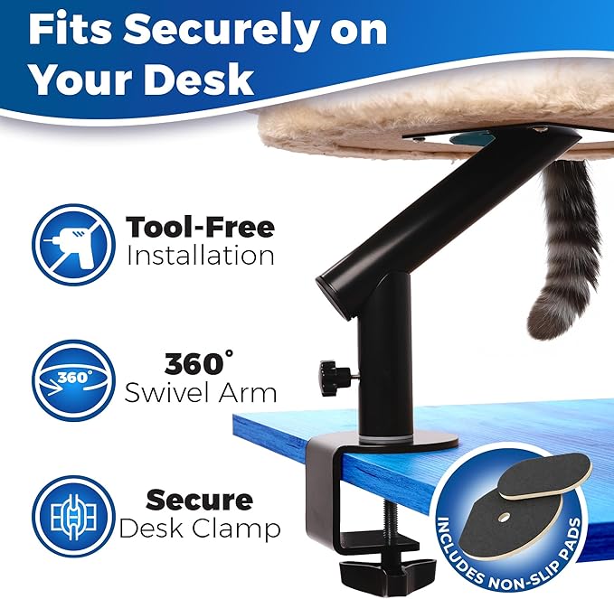 PetLovers Cat Desk Bed - Plush Elevated Desk Bed Attachment with Removable Washable Cushion, 360° Swivel Arm, Secure Clamp - Keeps Your Pet Close While You Work or Play