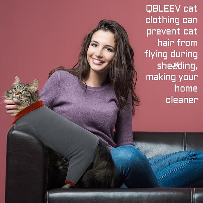 QBLEEV Sticky Hair Cat Clothes, Soft Cat Pajamas for Cats Only, Prevent Lost Fur Kitten Sweater Onesie, Stretchy Recovery Suit for Female Male Cats After Surgery Daily Wear, Grey, XS