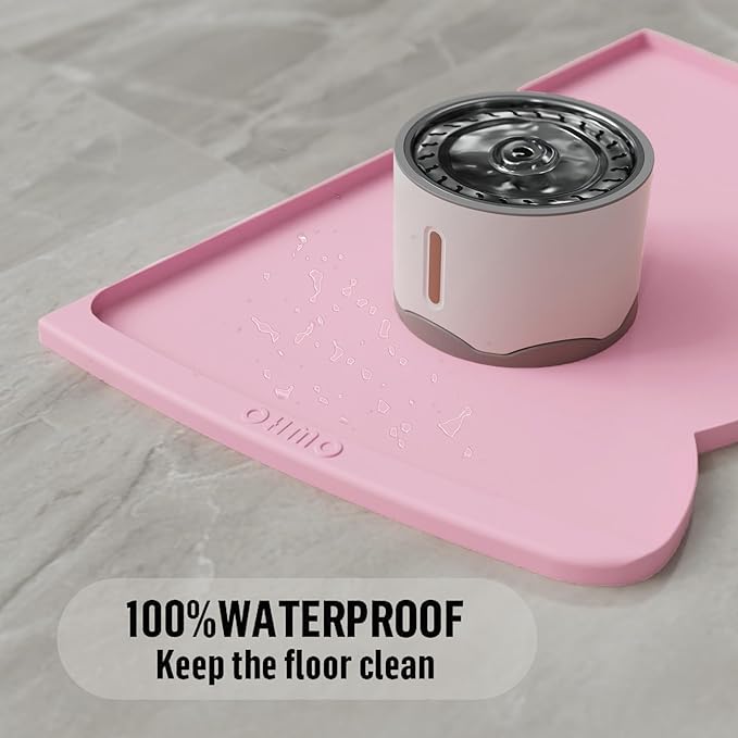 OHMO Dog Food Mat(Pink, 24 * 15'') w/Residue Collection Pocket Silicone Pet Feeding Mat for Floor High Edges Anti Spills Waterproof Cat Water Bowl Tray, Easy Clean Placemat