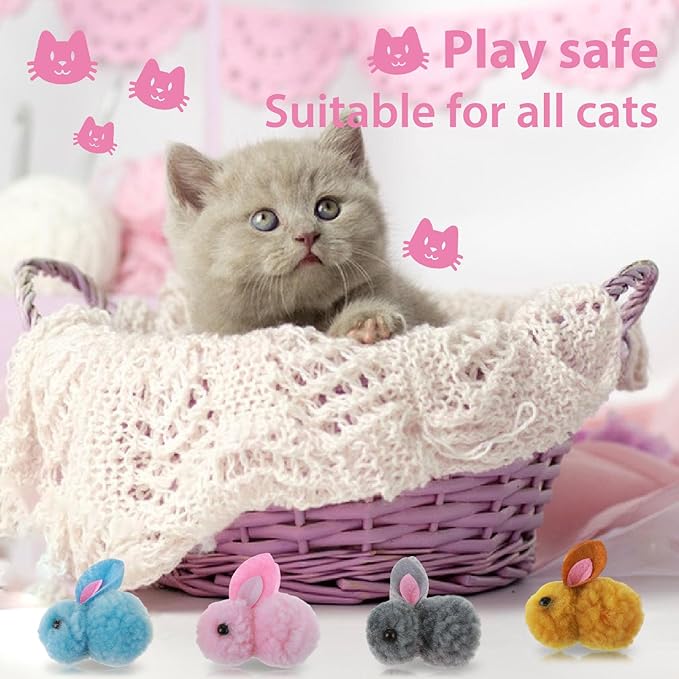 Amaxiu 10Pcs Plush Toy Balls, Cute Bunny Shape Kitten Pompom Soft 5.5cm/2.16in Puff Ball Indoor Fun Colorful Cat Ball Toy Pom Pom Balls for Pet
