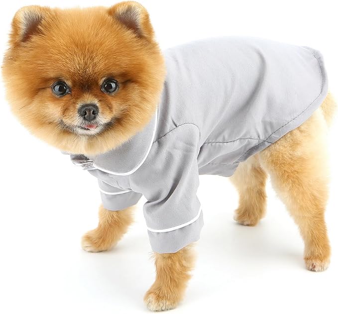 SMALLLEE_LUCKY_STORE Dog Pajamas for Small Medium Dogs Cats Soft Pet Sleepwear Shirts Comfortable Lapel Pjs Loungewear Clothes Bulldog Chihuahua Yorkie Two-Legged Outfit, Gray, 3XL