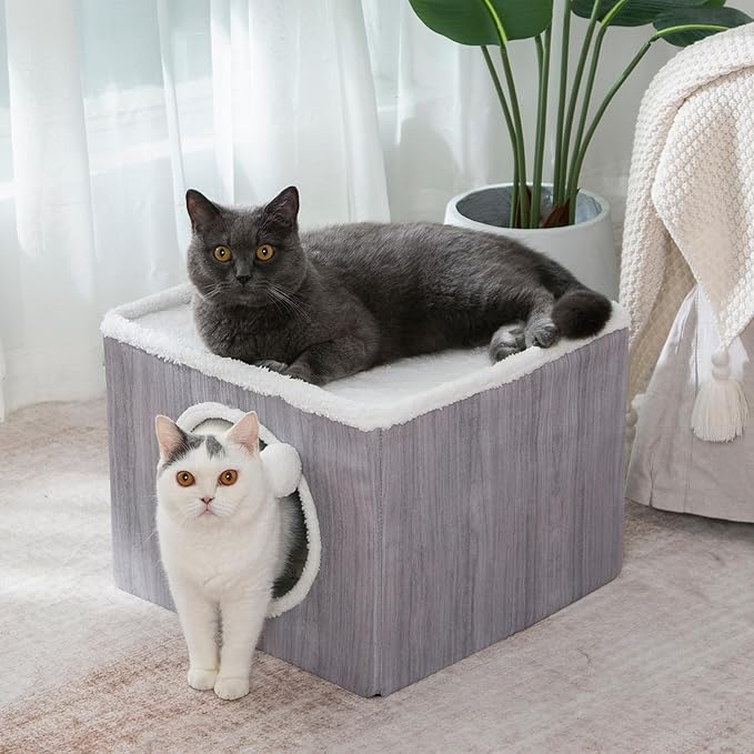 Cat Condo House with Reversible Cushions and Fluffy Ball Hanging, Foldable Cube, Large Cave Bed for Indoor Cats Kittens, Grey Wood Grain Pattern