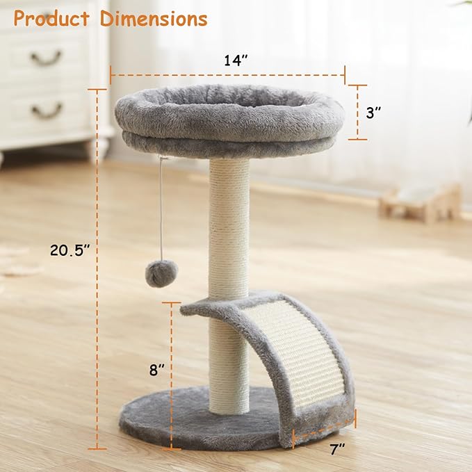 Goozii Small Cat Tree Tower with Scratching Post, Modern Kitten Tower for Indoor Cats, Short Carpet Sisal Cat Scratcher Stand with Large Bed Perch, Scratch Ramp, Toy Ball for Kitty Play (Grey)