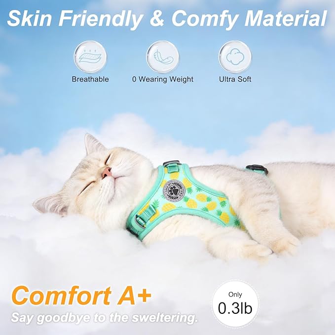 BEAUTYZOO Cat Harness and Leash Set Escape Proof, Small Cat Vest Harness for Walking, Adjustable Step in Kitten Harnesses for Travel, Soft Lightweight Outdoor Cute Kitten Harnesses, Pineapple S