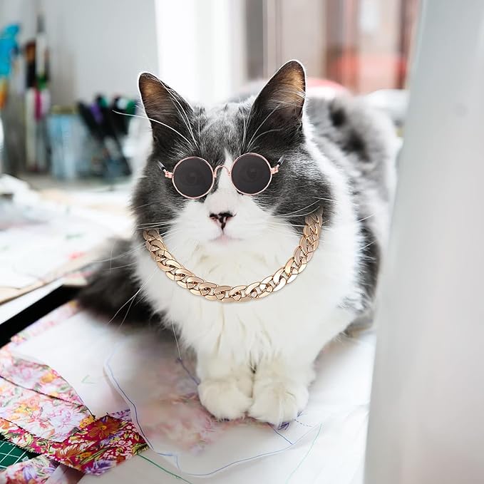 Molain Cat Sunglasses Gold Chain Costume Decorations UV Protection Classic Retro Puppy Retro Sunglasses Faux Photo Props