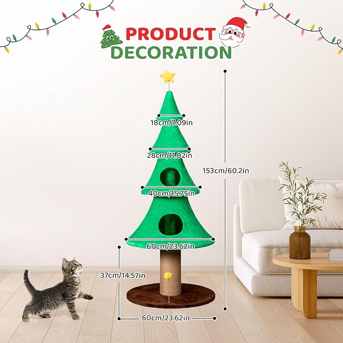 VINGLI 59in Large Christmas Tree Cat Tower for Indoor Cats, Green Cat Tree with 2 Cat Condos & Scratching Post, Soft Fleece Multi-Level Cat Tower with Teaser Toy, Sturdy Wide Base & Built-in Openings