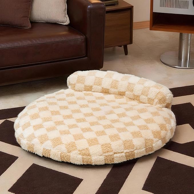 Orthopedic Dog Bed for Medium Small Dogs and Cats Calming Pillow Pet Couch Sofa Puppy Bed with Removable Washable Cover Oval 3D Checkered Plush Pet Furniture 30x25x7 Indoor Beige