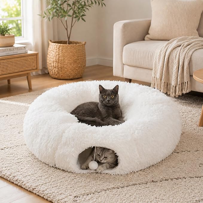 Feather Fluffy Plush Cat Tunnel Bed Big Tube Playground Toys 3 FT Diameter Longer Collapsible, for Indoor Cat Kitty Kitten Puppy Rabbit Ferret Snow White