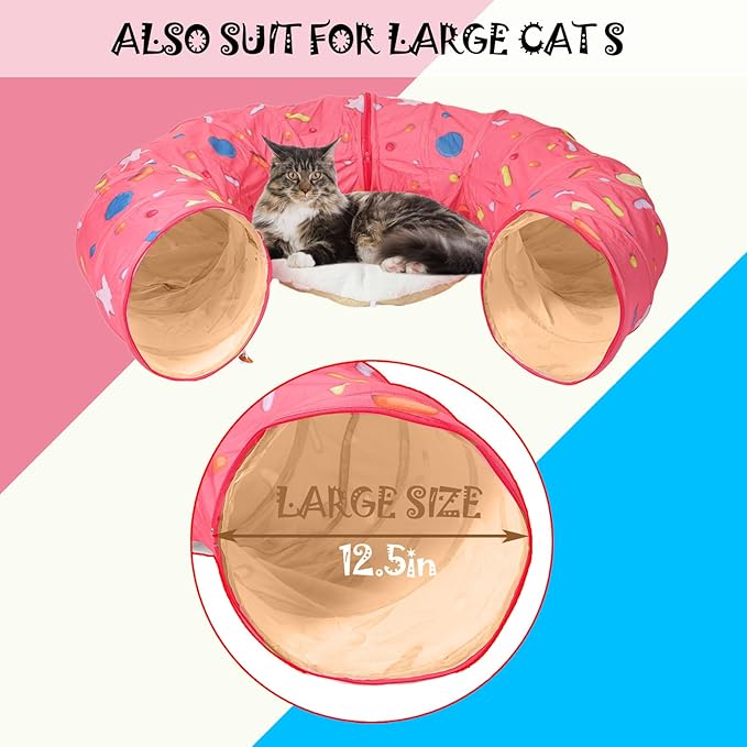 Large Cat Donut Tunnel, Big Cat Tunnel Bed,Fluffy Toy Balls, Small Cushion and Flexible Design- 12 inch Diameter, Great for Small Dogs,Pink