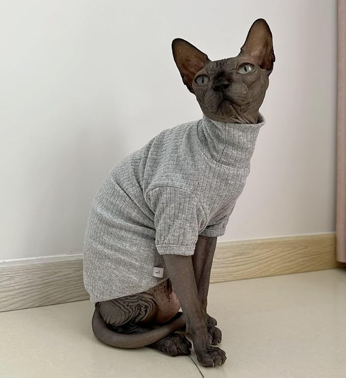 Sphynx Hairless Cats Shirt Cotton Cat Turtleneck Sweater Pullover Kitten T-Shirts with Sleeves Cat Pajamas Jumpsuit for Sphynx Cornish Rex, Devon Rex, Peterbald (XX-Large (Pack of 1), Light Grey)