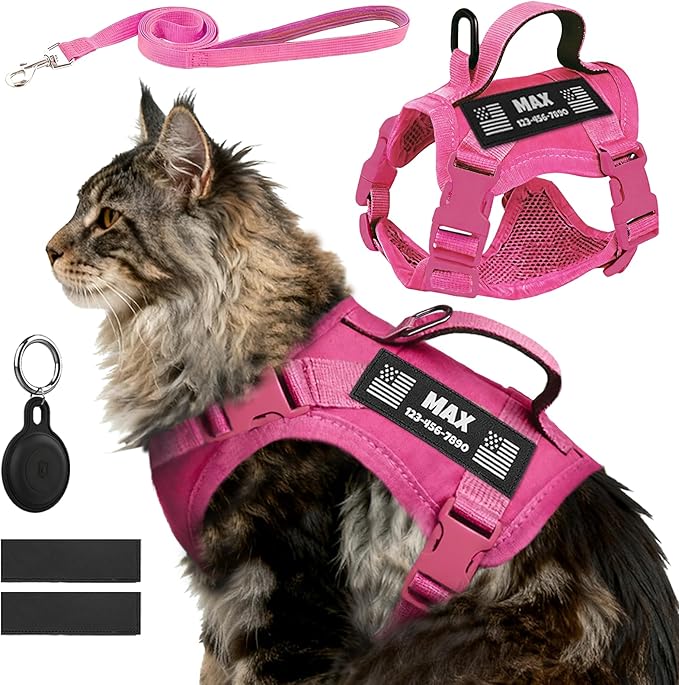 Custom Pink Tactical Cat Harness and Leash Escape Proof Adjustable Vest with Reflective Strips and Personalized Patch Soft Breathable Outdoor Gear for Walking Training Fits Cats 7-12 lbs