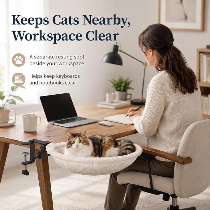 Desk Cat Hammock Bed, 360° Rotation Clamp-On Pet Perch for Home Office & Gaming Desks, No-Drill Space-Saving Cat Bed, 16.5" Round Supports 50 lbs, Includes Soft Washable Pad