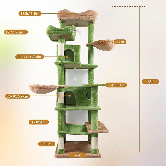 68" Green Cute Cat Tree for Indoor Cats Large Adult, Tall Cat Tower with Scratching Post & Condo, Hammock, Aesthetic Cats Stand, Modern, Easy Assembly (Green, 68" Tall)