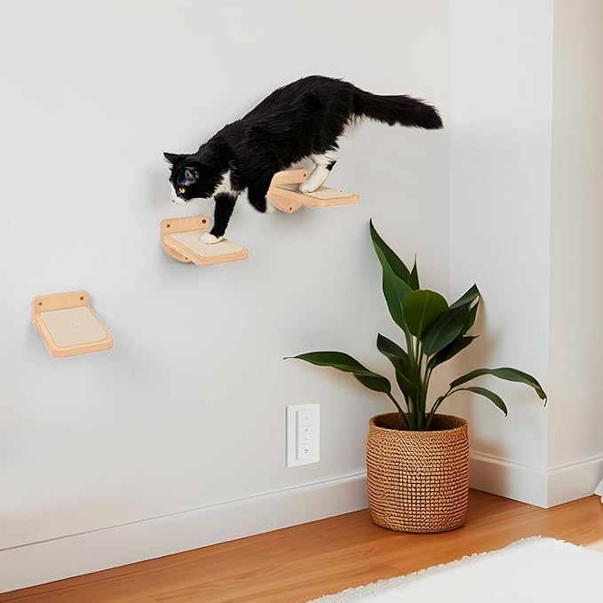 INICIO Cat Wall Stairs, Natural Wood - Set of 3 Wall Steps for Cats to Climb with Fixtures, 8.7"x4.7" - Floating Steps for Climbing or Playing - for Kittens and Adult Cats