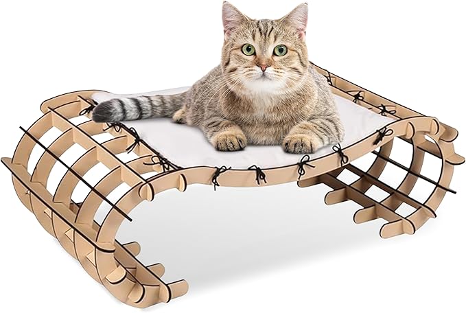 Plush Elevated Cat Bed with Removable Cushion - Solid Wood Arch Frame, Soft Washable Furry Hammock for Indoor Cats, Kittens & Small Dogs - Raised Pet Bed(Cat Furniture, Large/Small Cat Bed)