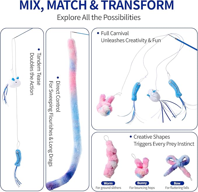 Cat Teaser Wand Toy - Interactive Play Set for Kittens & Cats with Magic Foldable Fabric StripMagic Foldable Fabric Strip, XL Mouse, 2 Large Fish & Telescoping Carbon Fiber Rod for Indoor Exercise