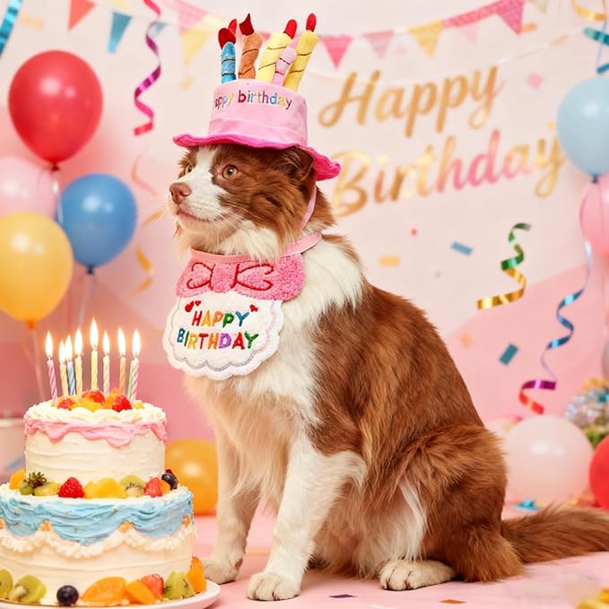Dog Birthday Cake Hat & Bandana Scarfs Set Pink, Cute Dog Happy Birthday Hat Pet Cap Headwear Hat with 5 Colorful Candles, Cat Birthday Party Supplies Decorations (Pink)
