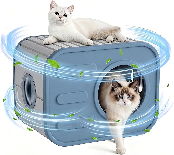 Cat Houses for Outdoor Indoor Cats, Insualted Outdoor Cat House Weatherproof with Camera-Shaped Design, Sturdy Resin Shelter for Patio, Garden Blue