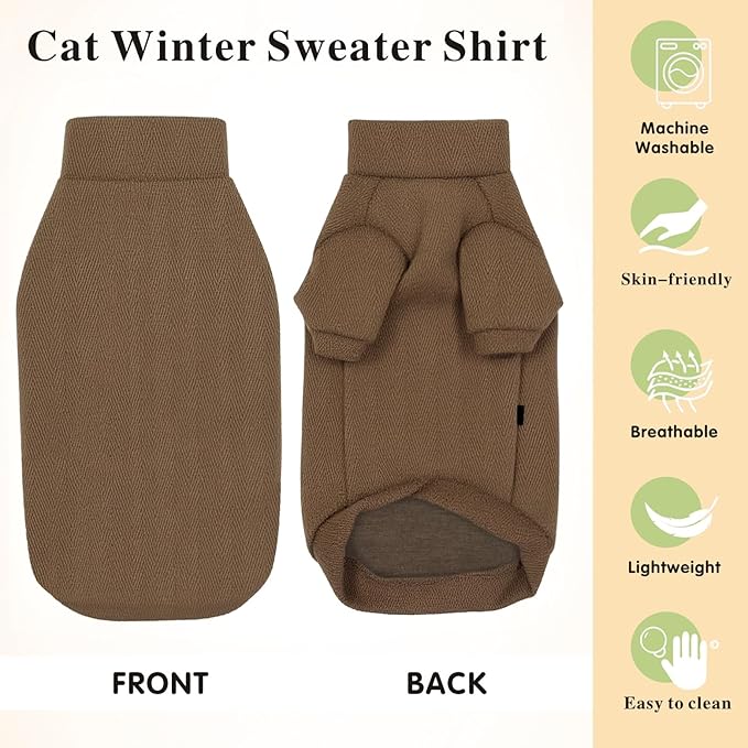Idepet Sphynx Cat Warm Turtleneck Sweater Hairless Cats Shirt Pullover Kitten T-Shirts Thick Soft Fleece Clothes Cute Outfit Coat Pajamas for Cats and Puppy (Coffee, XX-Large)