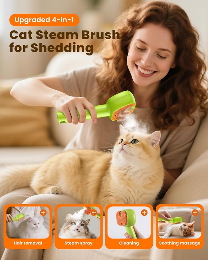 4-in-1 Cat Steam Brush, 2025 Upgraded Pet Steam Brush for Indoor Cats Dogs Spray Hair Removal Comb, 2 Spray Self-Cleaning Dog Brushes for Shedding,Massage,Cleaning Grooming (White)