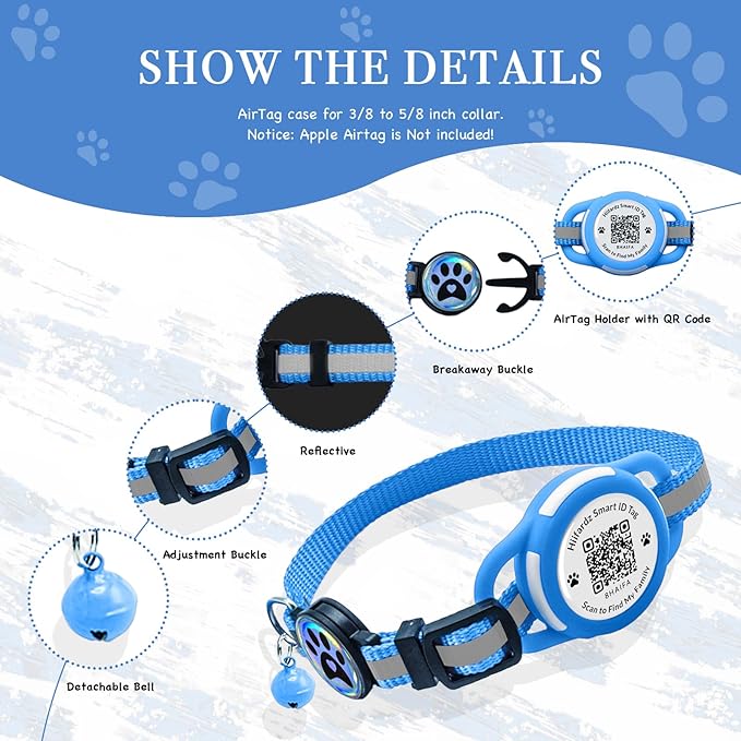 Cat Collar with Airtag Holder & QR Code Tag, Reflective Breakaway Kitten Collar with Quick Release Buckle, Adjustable Nylon Safety Collar for Indoor Outdoor Cats (Blue)