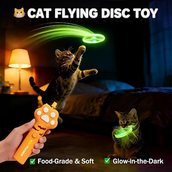 Cat Fetch Toy Launcher with 10 Soft & Flexible Discs, Cat Toys for Indoor Cats, LED Glowing Launcher, Electric Interactive Kitten Toy for Hunting & Exercise, USB Rechargeable