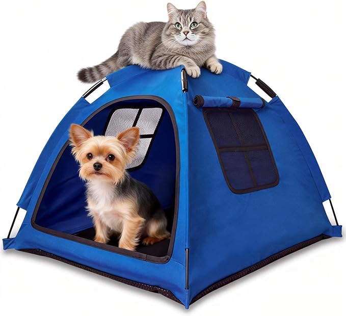 Anti-Anxiety Open Pet Tent, Calming Hideaway Monitoring Bed for Cats & Small Dogs, Breathable Mesh, Tool-Free Setup, Indoor Outdoor Travel, Blue