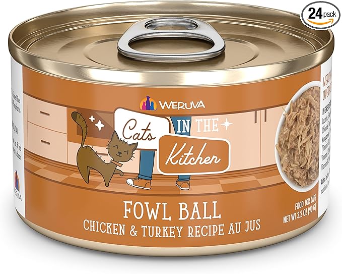 Weruva Cats in The Kitchen, Fowl Ball with Chicken & Turkey Au Jus Cat Food, 3.2oz Can (Pack of 24)