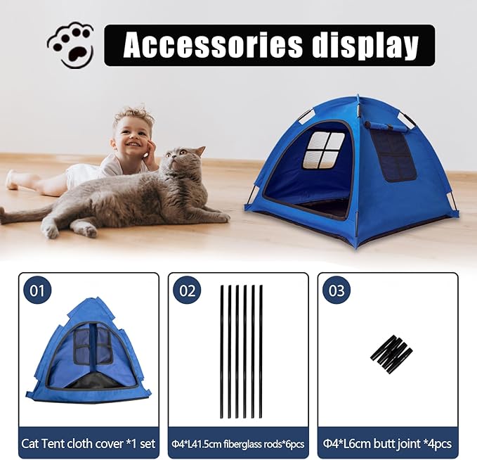 Anti-Anxiety Open Pet Tent, Calming Hideaway Monitoring Bed for Cats & Small Dogs, Breathable Mesh, Tool-Free Setup, Indoor Outdoor Travel, Blue