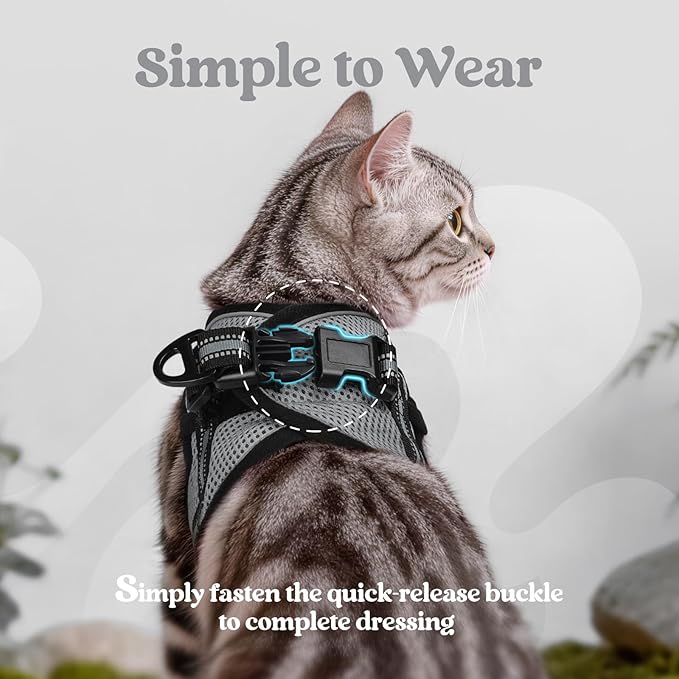 rabbitgoo Cat Harness and Leash Set for Walking Escape Proof, Adjustable Soft Kittens Vest with Reflective Strip for Cats, Comfortable Outdoor Vest, Grey, M