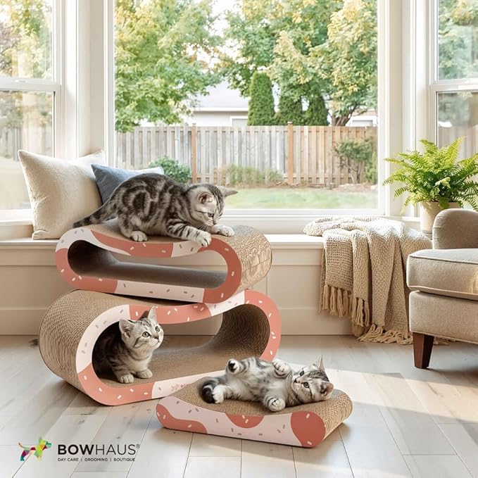 BOWHAUS 3 in 1 Cat Scratch Board, Cat Scratcher Lounger for Indoor Cat, Cardboard Cat Scratcher, Durable & Long-Lasting Infinity Cat Scratcher, Reversible Scratching Pads for Protecting Furniture