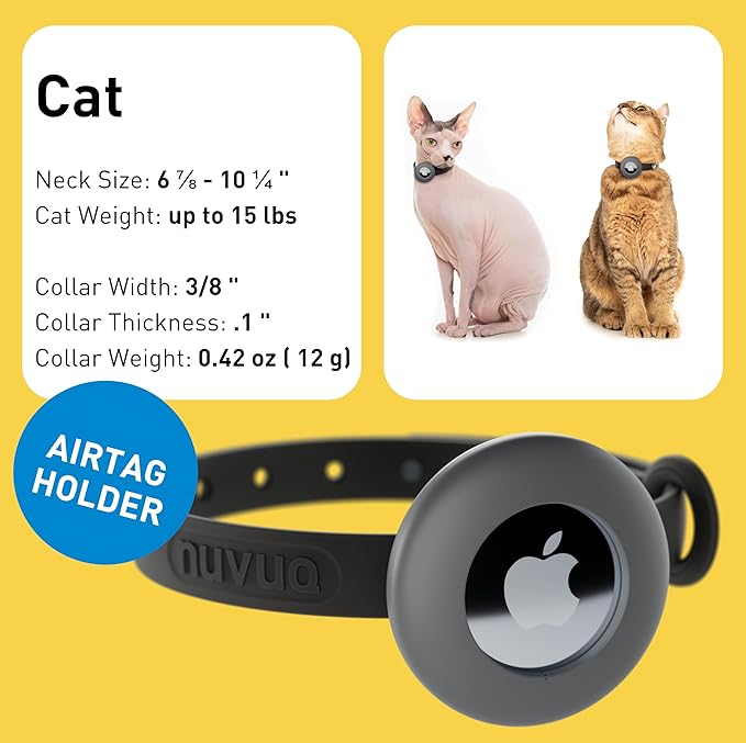 Airtag Silicone Cat Collar - Soft, Comfortable, and Lightweight Breakaway Collar with Air Tag GPS Tracker Holder for Outdoor Cats and Sensitive Skin Kittens by Nuvuq (6 ⅞" to 10 ¼", Black)