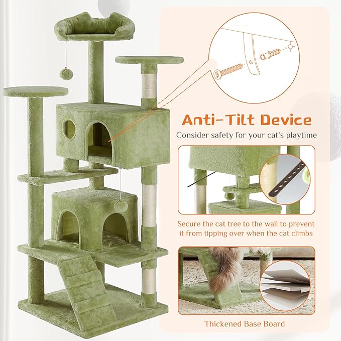 DUMOS 54 Inch Cat Tree Tower, Indoor Multi-Level Pet House for Large Cats Tree with 2 Condos, Scratching Posts, Round Platform, Small Ladder, and Toys, Green