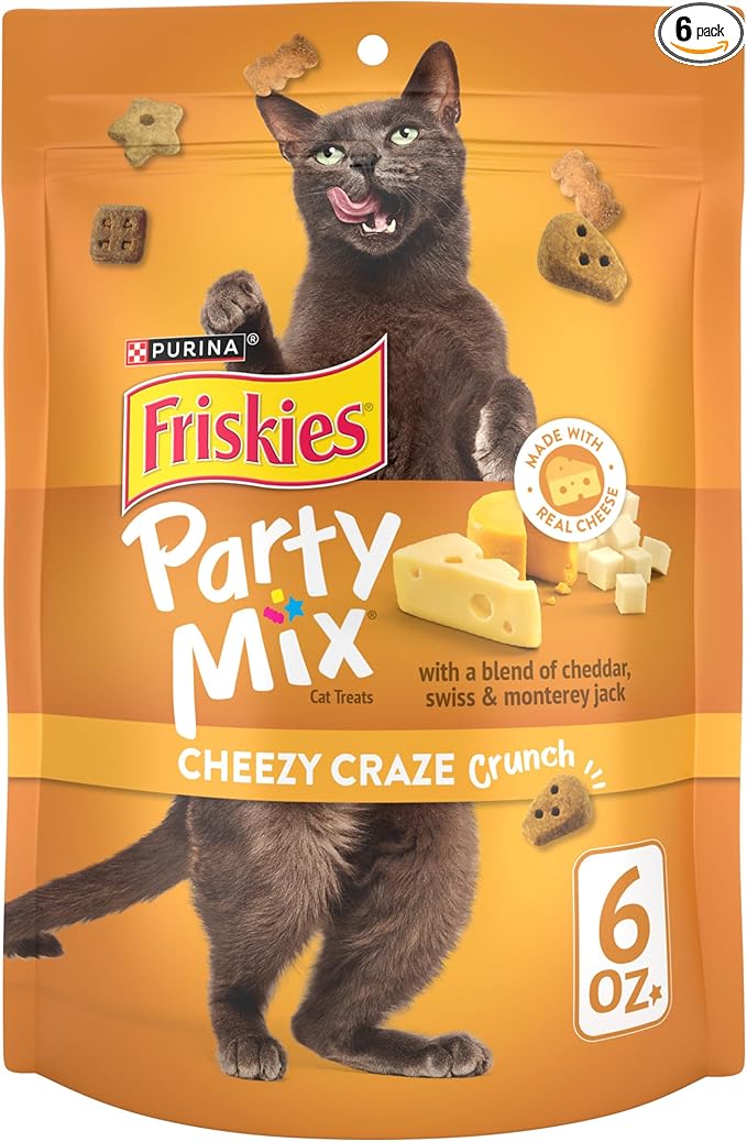 Purina Friskies Cat Treats, Party Mix Cheezy Craze Crunch - (Pack of 6) 6 oz. Pouches