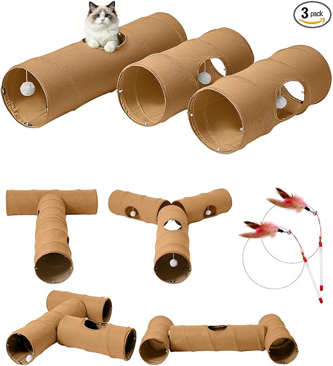 Cat Tunnel, 3 Straight Shaped Tunnels 6 DIY Shapes with Wand Toys, No Noise Scratch Resistant Cool Linen Fabric, Interactive Pet Tunnel Tube for Indoor Cats, Puppy and Rabbits