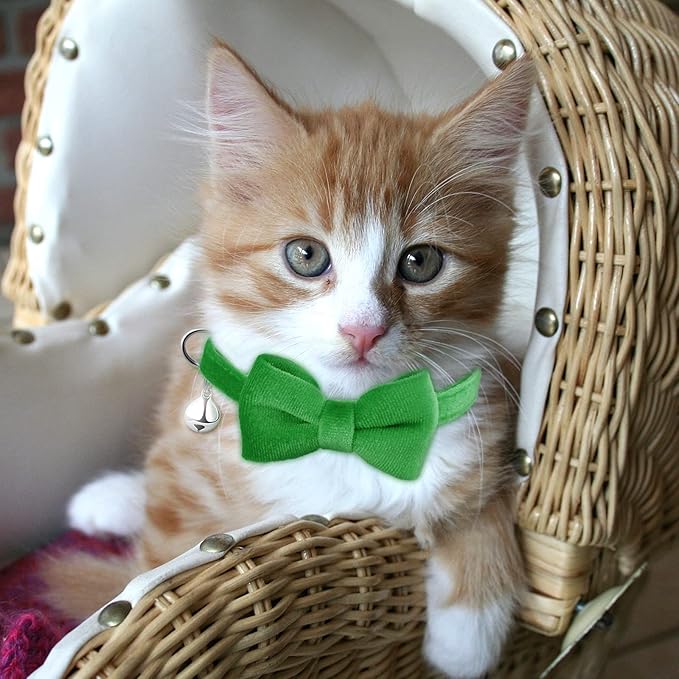 4 Pieces Cat Bow Tie Collar with Bell Breakaway Cat Comfortable Velvet with Cute Safety Pet Collar for Pet Kitten Puppy(Small,Yellow, Green, Rose Red, Blue)