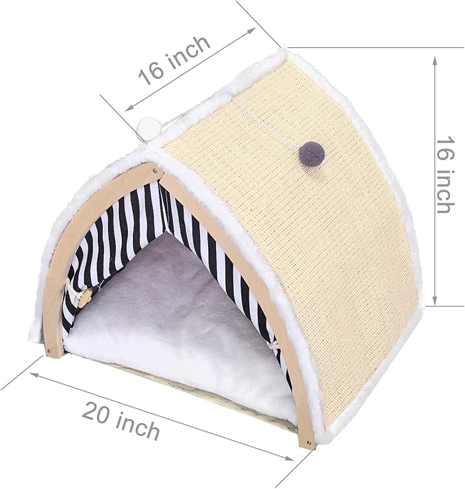 Cat House, Cat Beds for Indoor Cats, Cat Scratchers with Sisal Scratching Board, Cat Scratcher Bed with Fluffy Ball Hanging, Cat Condo 20x16x16 inches
