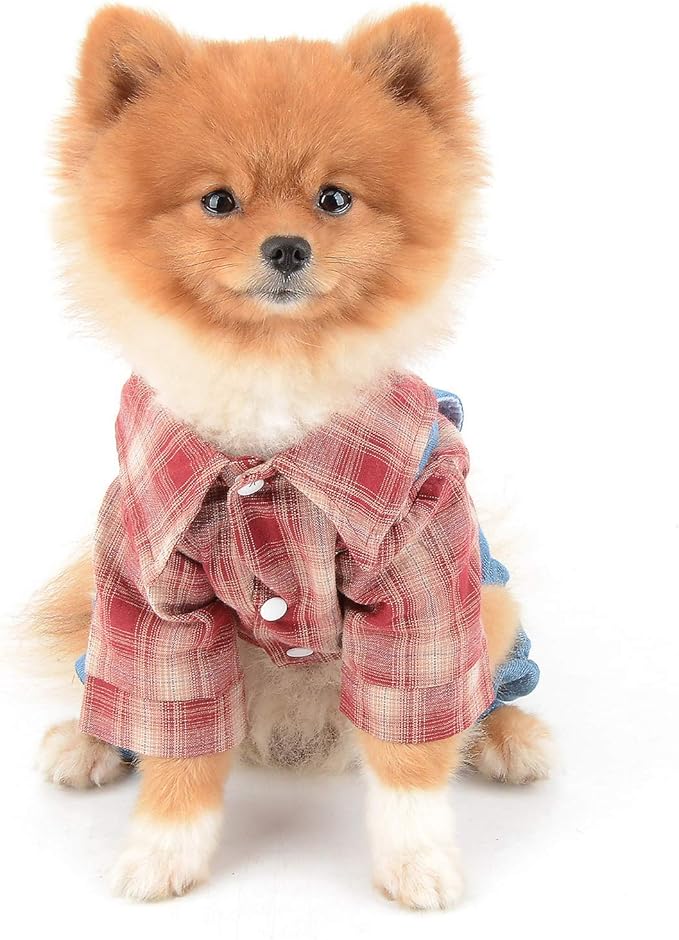 Shirt with Bib Pants for Dogs Plaid Tank Tops Tshirt Outfits for Small Male Dogs Puppies Chihuahua Overalls for Cats Apparel for Kittens Summer Adorable Pets Clothes Short Sleeves Red M
