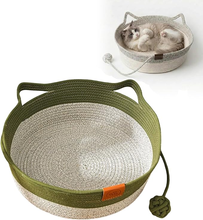Stimulicat Hand Woven Cotton Rope Cat Bed Basket with Scratching Pad and Ball, Round Boho Pet Nest for Indoor Cats and Small Dogs, Natural Breathable, All-Season (Green, Small)