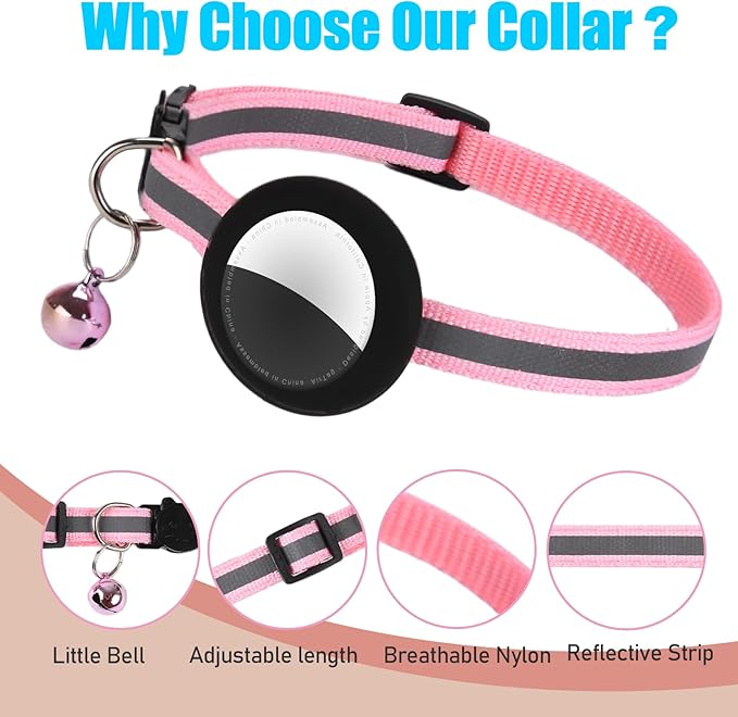 Reflective Cat Collar Fits for AirTag Holder, Breakaway Safety Buckle, Bell & Adjustable Strap for Cats Kittens - Compatible with Apple AirTag, Anti-Lost Pet Tracker Collar,Pink