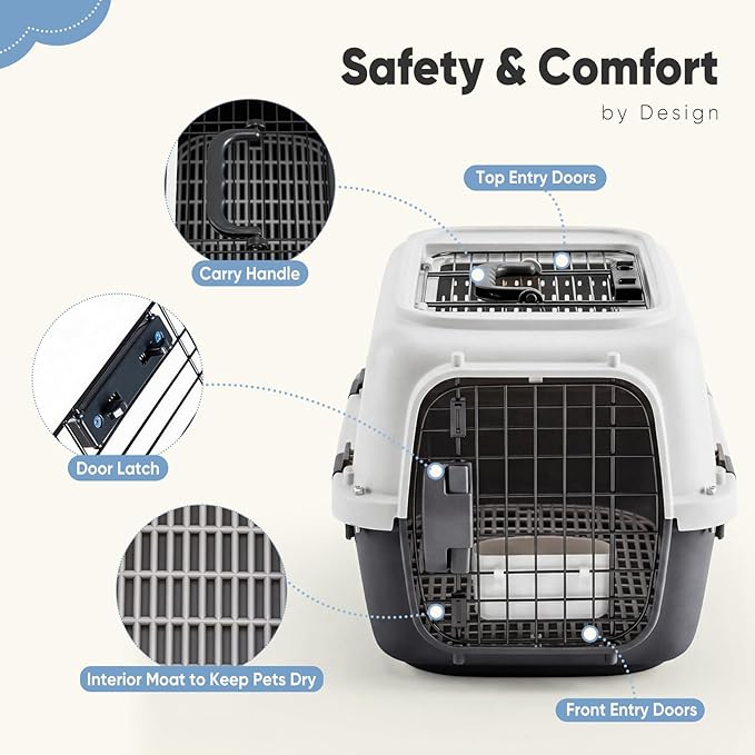 DUMOS 23" Hard-Sided Pet Carrier for Small Dogs & Cats, Airline Approved Travel Crate with Enhanced Security Latches, Front & Top Load Wire Door, Food Bowl for Traveling, Hiking, Camping, White&Black