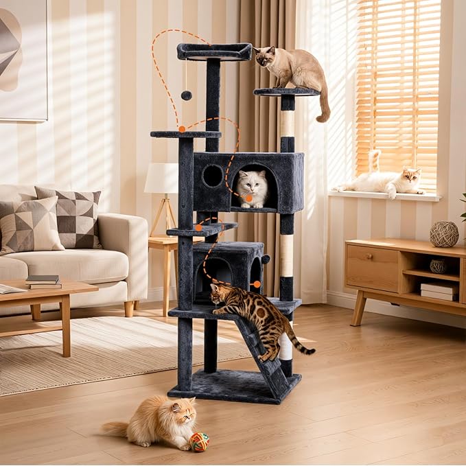 Sweetcrispy 62 Inch Cat Tree Tower, Multi-Level with Cat Scratching Post, Indoor Cat Condo with Climbing Ladder, Plush Toy, Play House for Cat, Dark Grey