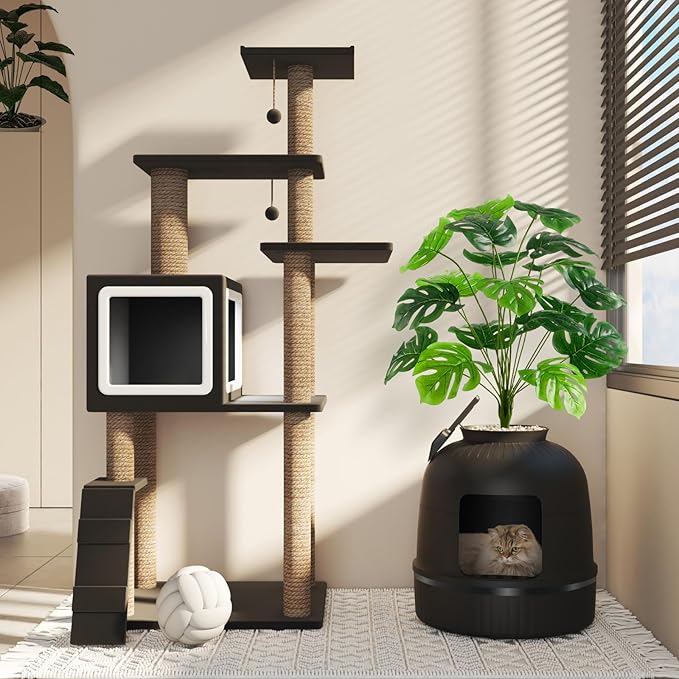 Lifewit Cat Litter Box, Hidden Enclosure Litter Tray with Odor Control & Carbon Filter in Living Room, Bedroom, Corner with Faux Plant& Plastic Scoop, Litter Liner, 48 x 120 cm/19x47, Black