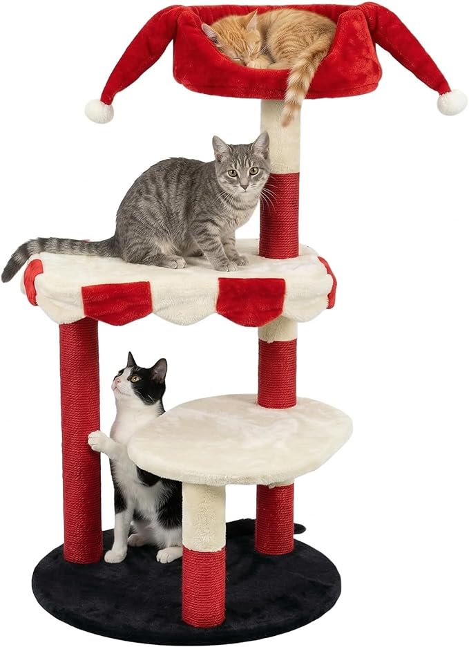 Circus Clown Cat Tree Tower, Multi-Level Cat Condo with Plush Platforms & Scratching Posts, Cute Circus Theme Cat Furniture for Indoor Cats (red)