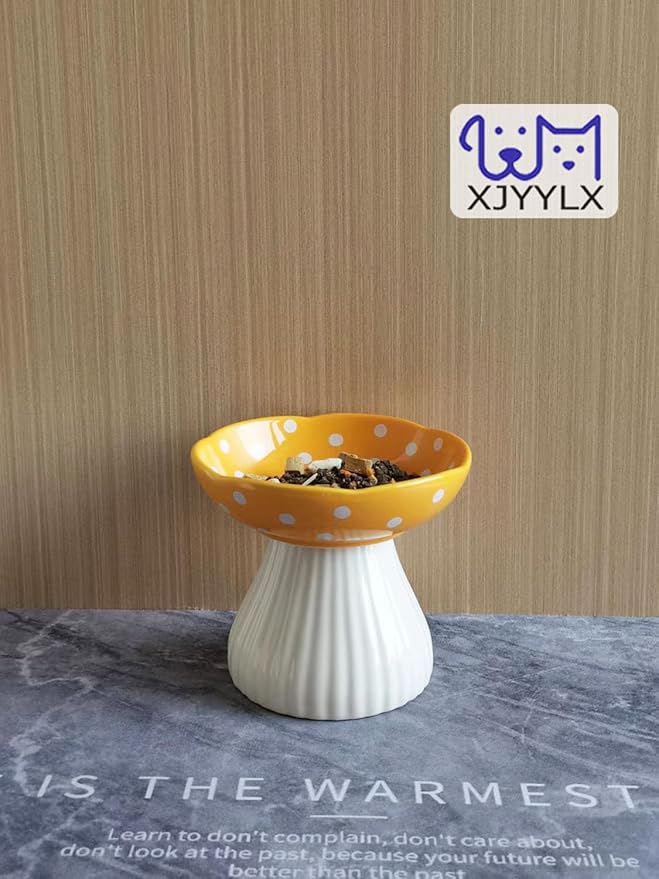 Mushroom Elevated Cat Bowls Ceramic, Raised Cat Bowl for Indoor Cats, Cute Whisker Fatigue Cat Bowl, Raised Dog Bowls Stand for Food and Water, Yellow 6" Wide for Adult Cats