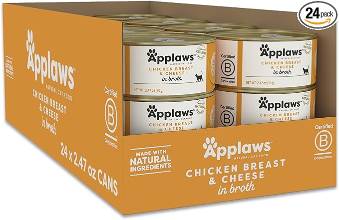 Applaws Wet Cat Food, 24 Count, Limited Ingredient Canned Wet Cat Food, Chicken Breast with Cheese in Broth, 2.47oz Cans