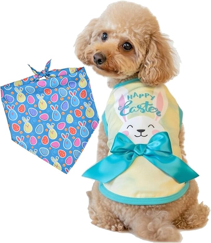 Small Dog Happy Easter Outfit Bunny Shirt & Bandanas Pet Cat Clothes Vest Yellow L