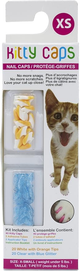Kitty Caps Nail Caps for Cats | Safe, Stylish & Humane Alternative to Declawing | Stops Snags and Scratches, X-Small (Under 5 lbs), White with Orange & Clear with Blue Glitter, 40 Count