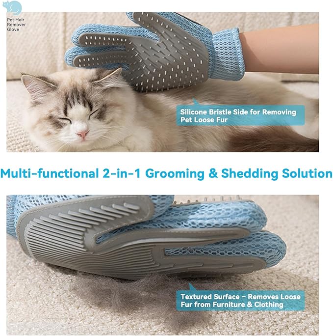 Pet Hair Remover Glove for Dogs & Cats, Upgraded Reusable 5-Finger, Gentle Deshedding Grooming Brush, Pet Hair Removal Tool for Furniture, Couch, Carpet, Car Seats, Sky Blue, 1 Count